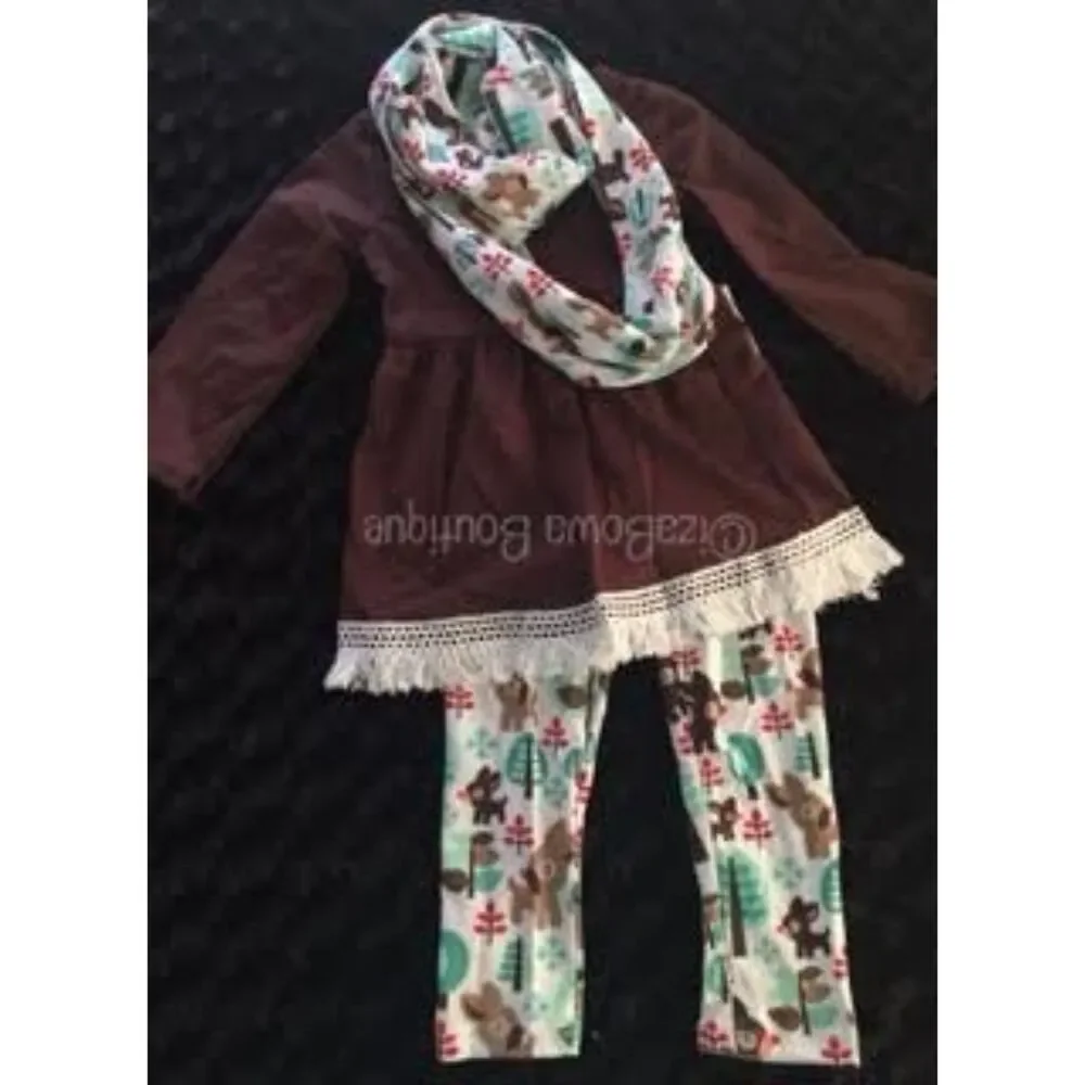 Brown Woodlawn Friends Pant & Scarf 3 pc Set  1229XS  XS 2T  NWT Boutique